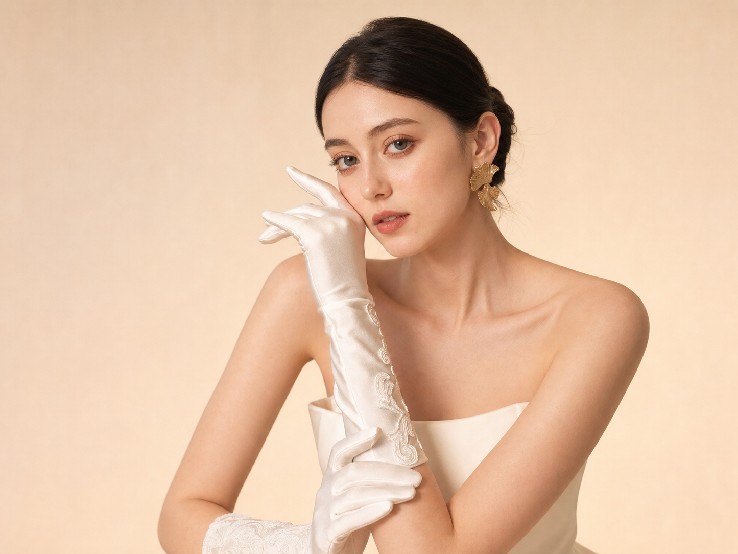 Ivory Satin Long Bridal Gloves with Delicate Embroidery | Vintage French Style Wedding Accessories (38cm)  LUNA-X187