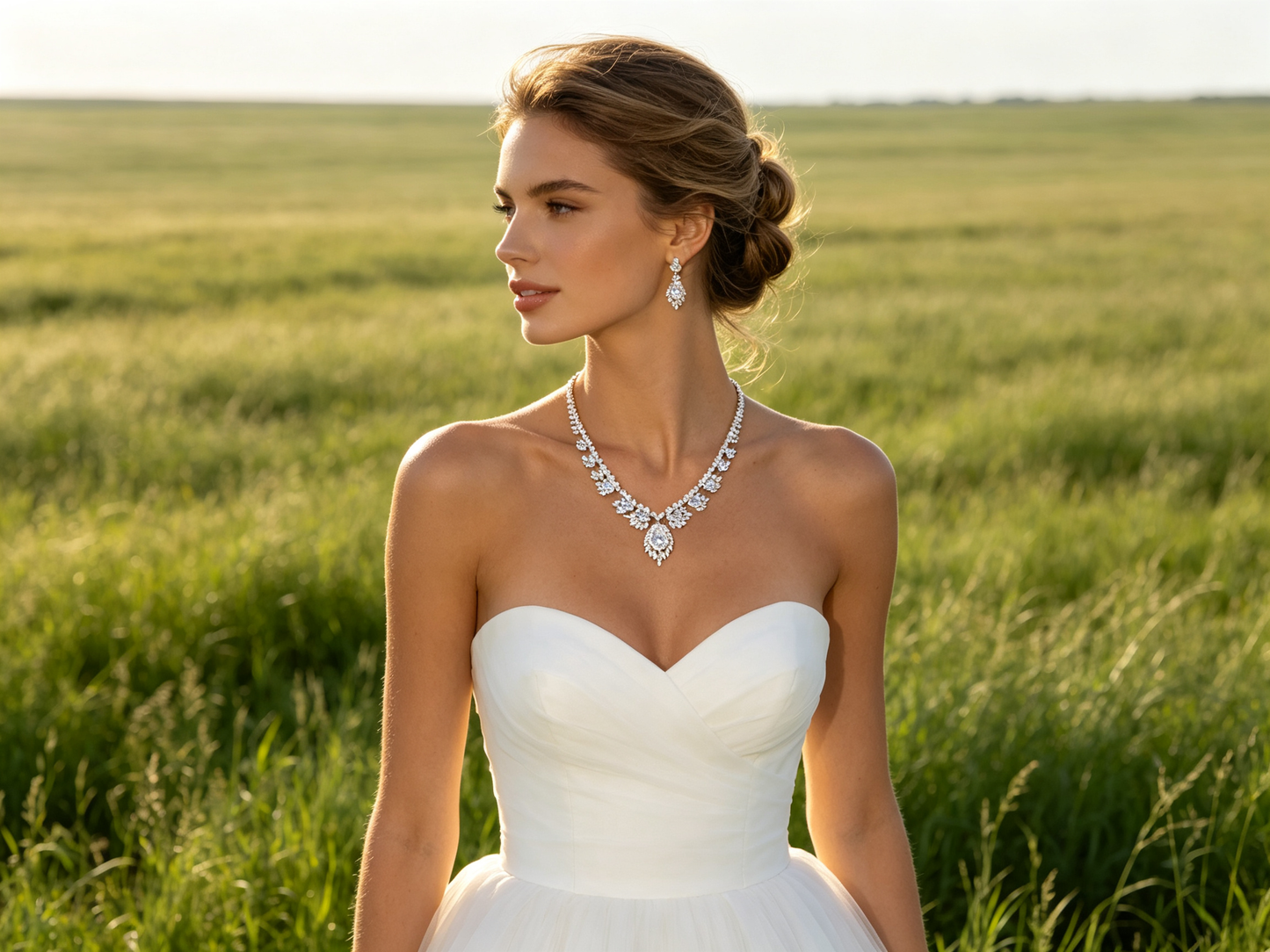 Luxury Cascading Floral Bridal Jewelry Set, Platinum Plated AAA Zircon Marquise Fringe Necklace & Dangle Earrings Set for Royal Wedding, Prom & Gala LUNA-X157