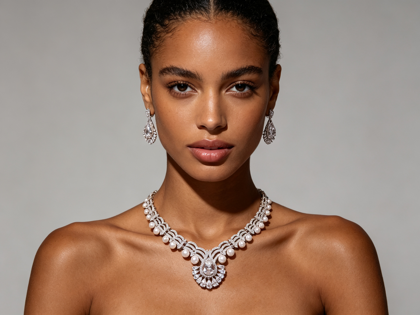 Royal V-Shaped Imitation Pearl Bridal Jewelry Set, Luxury Platinum Plated AAA Zircon Teardrop Choker Necklace & Marquise Statement Earrings Set LUNA-X166