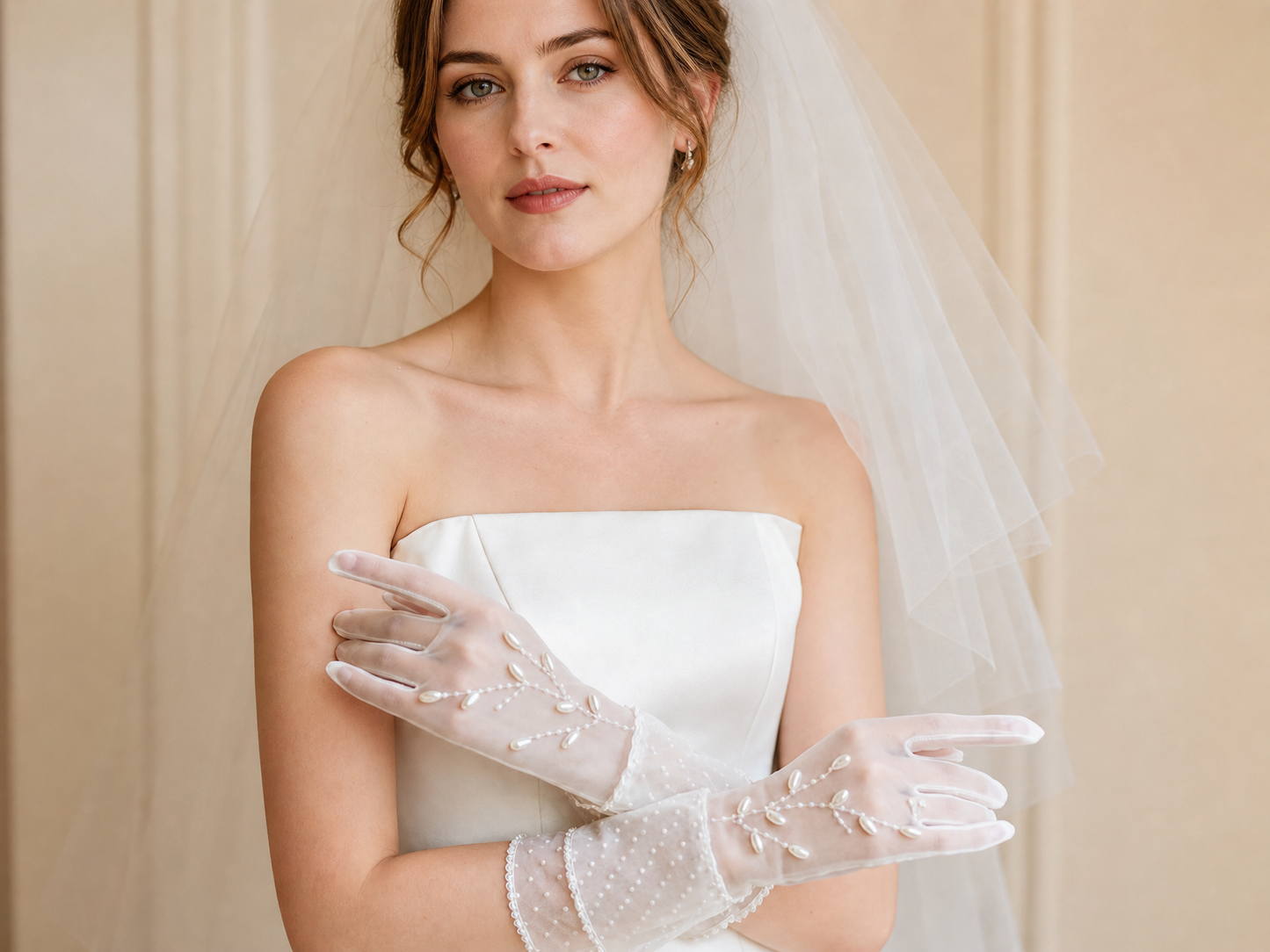 Vintage French Polka Dot Mesh Bridal Gloves, Short Tulle Wedding Gloves with Pearl Vine Embroidery and Double Ruffle Cuffs (35cm) LUNA-X182