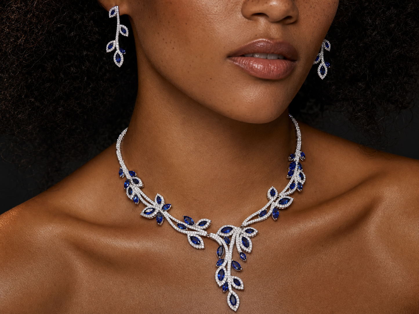 Botanical Vine Bridal Jewelry Set, Luxury Marquise CZ Leaf Necklace & 4.2cm Dangle Earrings Set for Wedding, Royal Blue & Emerald Green  LUNA-X173