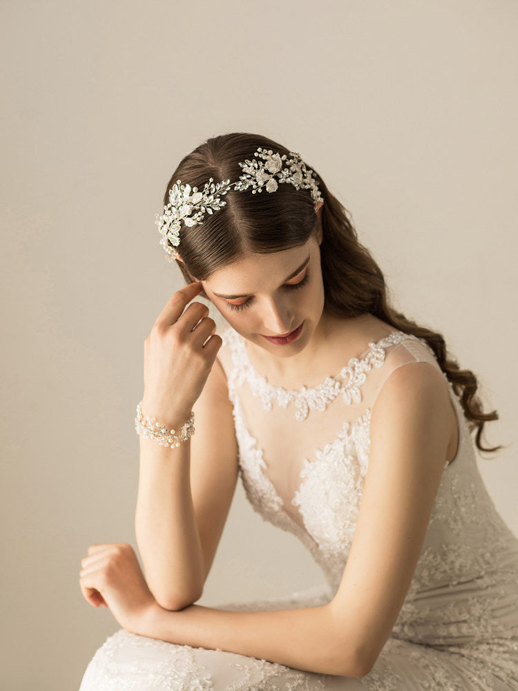 Silver Crystal Pearl Floral Vine Bridal Headband for Wedding and Banquet LUNA-X194