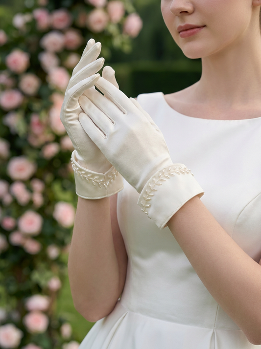 Champagne Satin Wheat-Spike Beaded Bridal Short Gloves for Wedding and Banquet  LUNA-X191