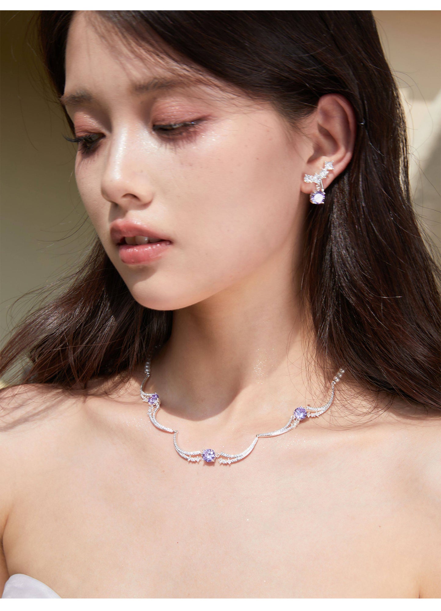 Two Style Purple 5A Cubic Zirconia Star Wave Necklace for Women, Dainty Thin Chain & Wavy Collarbone Design Copper Platinum Plated / Solid 925 Sterling Silver Layerable Formal Wedding Fine Jewelry Gift  LUNA-X298