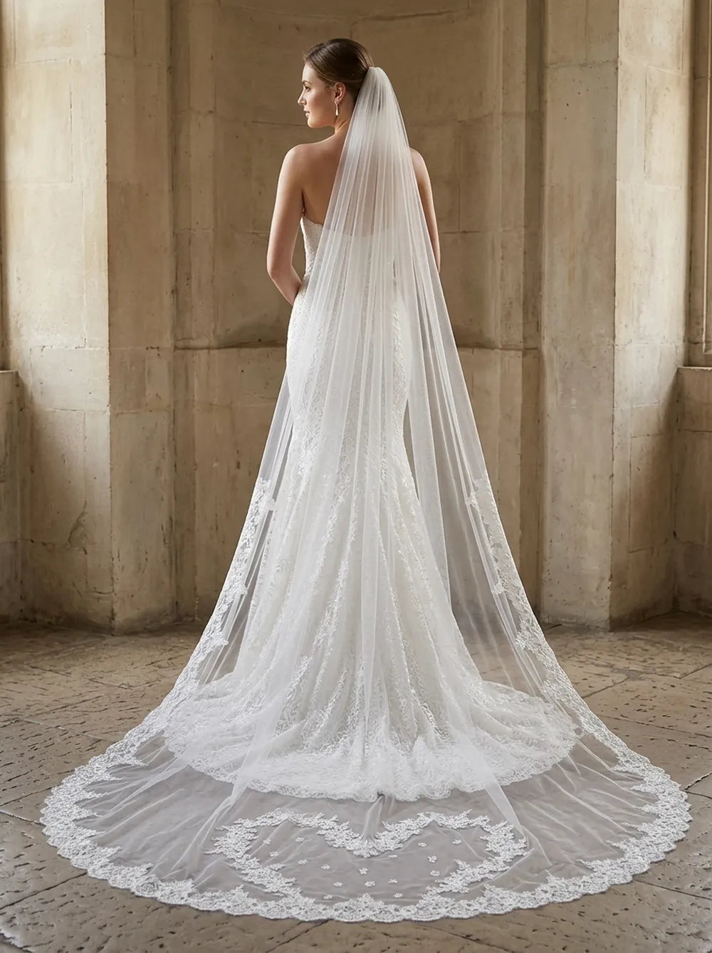 Single-tier 300cm lace cathedral veil displayed on mannequin on warm backdrop showing heart lace train design