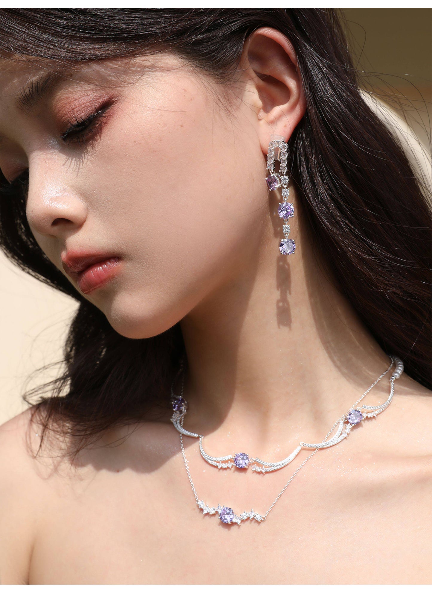 Two Style Purple 5A Cubic Zirconia Star Wave Necklace for Women, Dainty Thin Chain & Wavy Collarbone Design Copper Platinum Plated / Solid 925 Sterling Silver Layerable Formal Wedding Fine Jewelry Gift  LUNA-X298