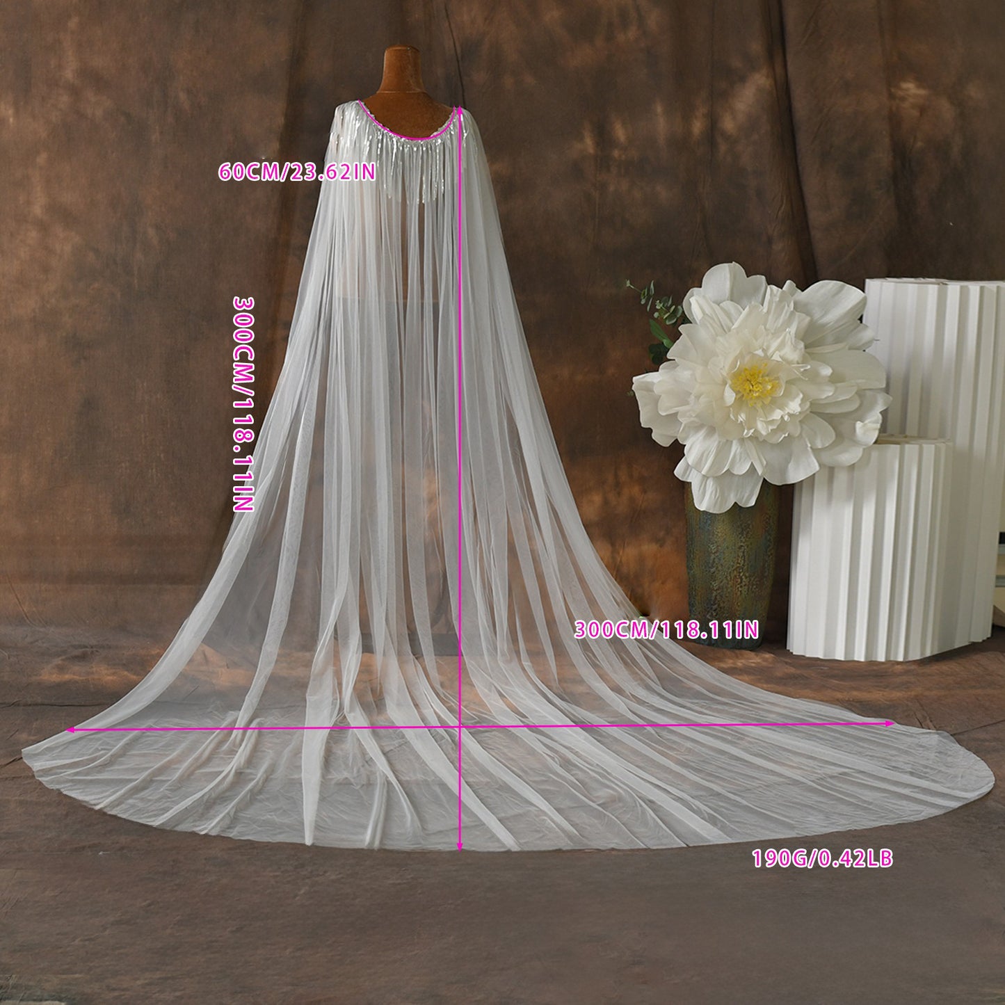 Sparkly Sequin Tassel Bridal Cape Veil - 118 Inch Cathedral Length Wedding Cape Soft Tulle Cathedral Bridal Train Shawl LUNA-X232