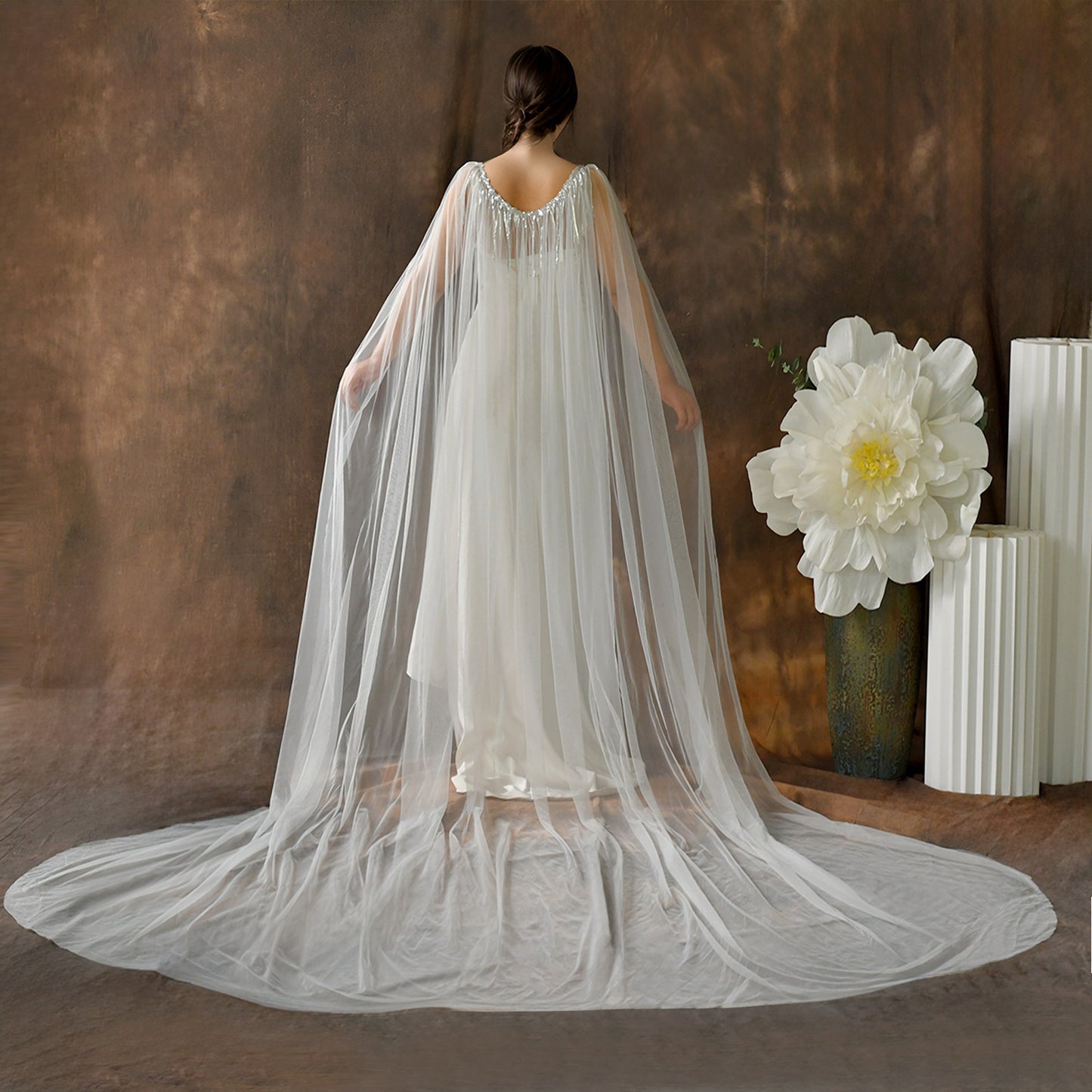 Sparkly Sequin Tassel Bridal Cape Veil - 118 Inch Cathedral Length Wedding Cape Soft Tulle Cathedral Bridal Train Shawl LUNA-X232