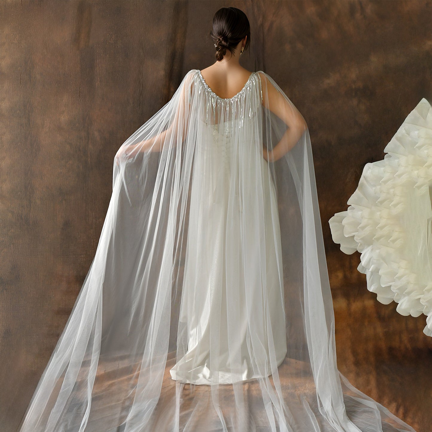 Sparkly Sequin Tassel Bridal Cape Veil - 118 Inch Cathedral Length Wedding Cape Soft Tulle Cathedral Bridal Train Shawl LUNA-X232