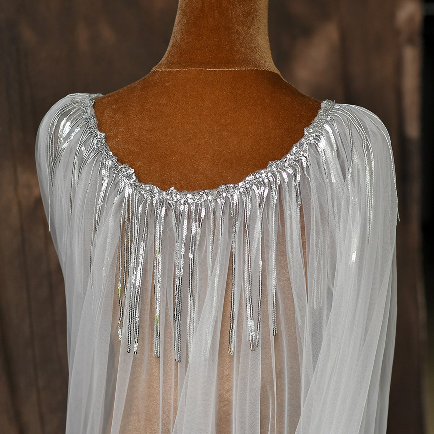 Sparkly Sequin Tassel Bridal Cape Veil - 118 Inch Cathedral Length Wedding Cape Soft Tulle Cathedral Bridal Train Shawl LUNA-X232