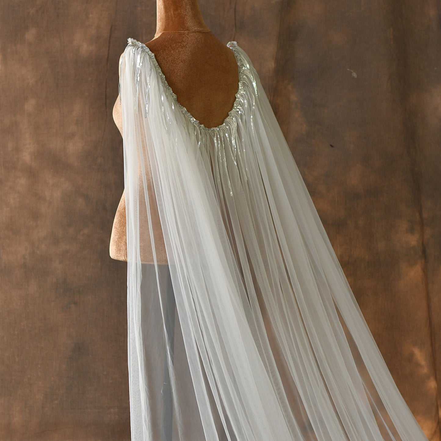 Sparkly Sequin Tassel Bridal Cape Veil - 118 Inch Cathedral Length Wedding Cape Soft Tulle Cathedral Bridal Train Shawl LUNA-X232