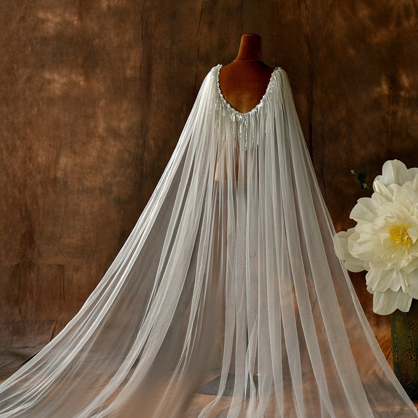 Sparkly Sequin Tassel Bridal Cape Veil - 118 Inch Cathedral Length Wedding Cape Soft Tulle Cathedral Bridal Train Shawl LUNA-X232