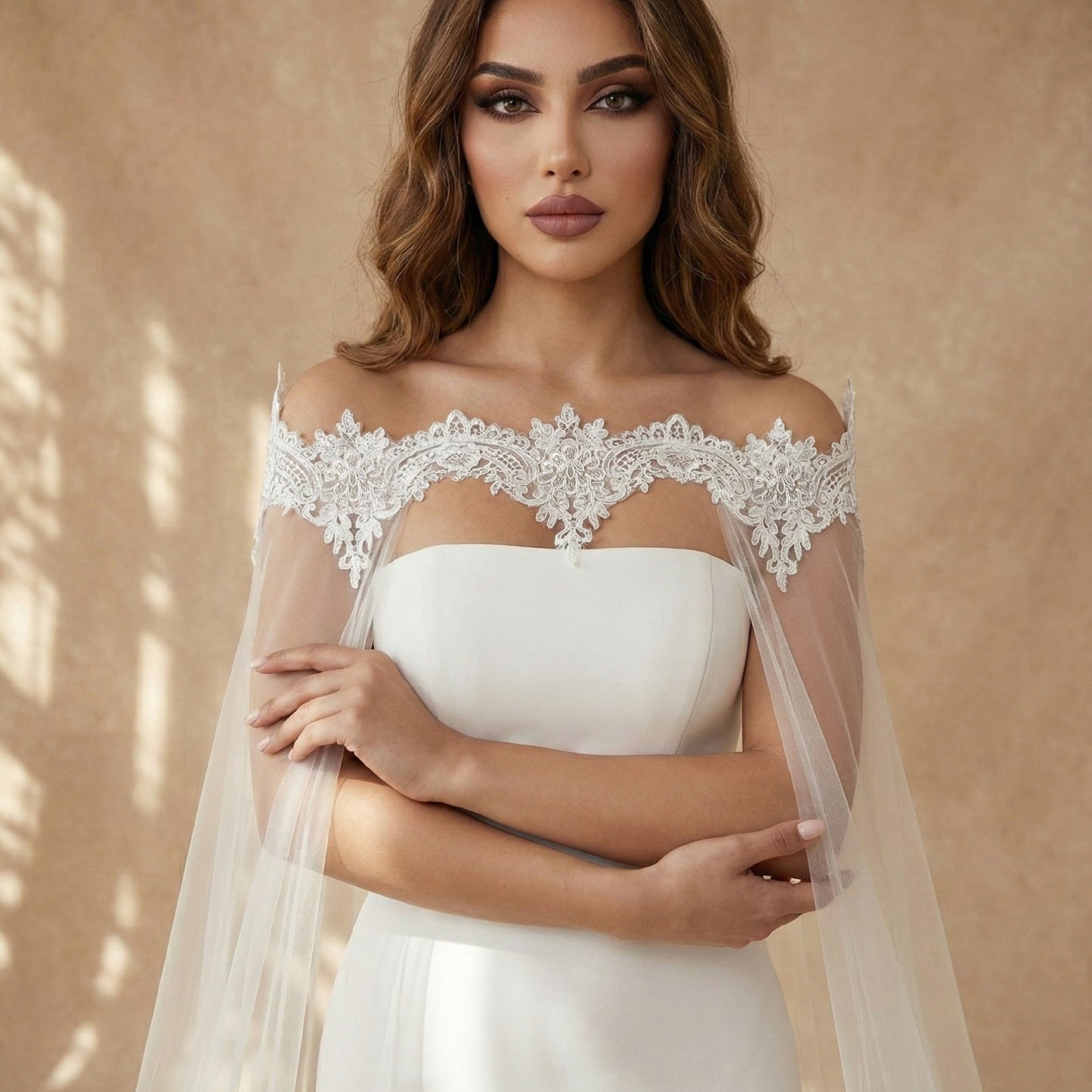 Off the Shoulder Lace Bridal Cape Veil - 300cm Cathedral Length Bardot Wedding Capelet Lightweight Illusion Mesh  LUNA-X225