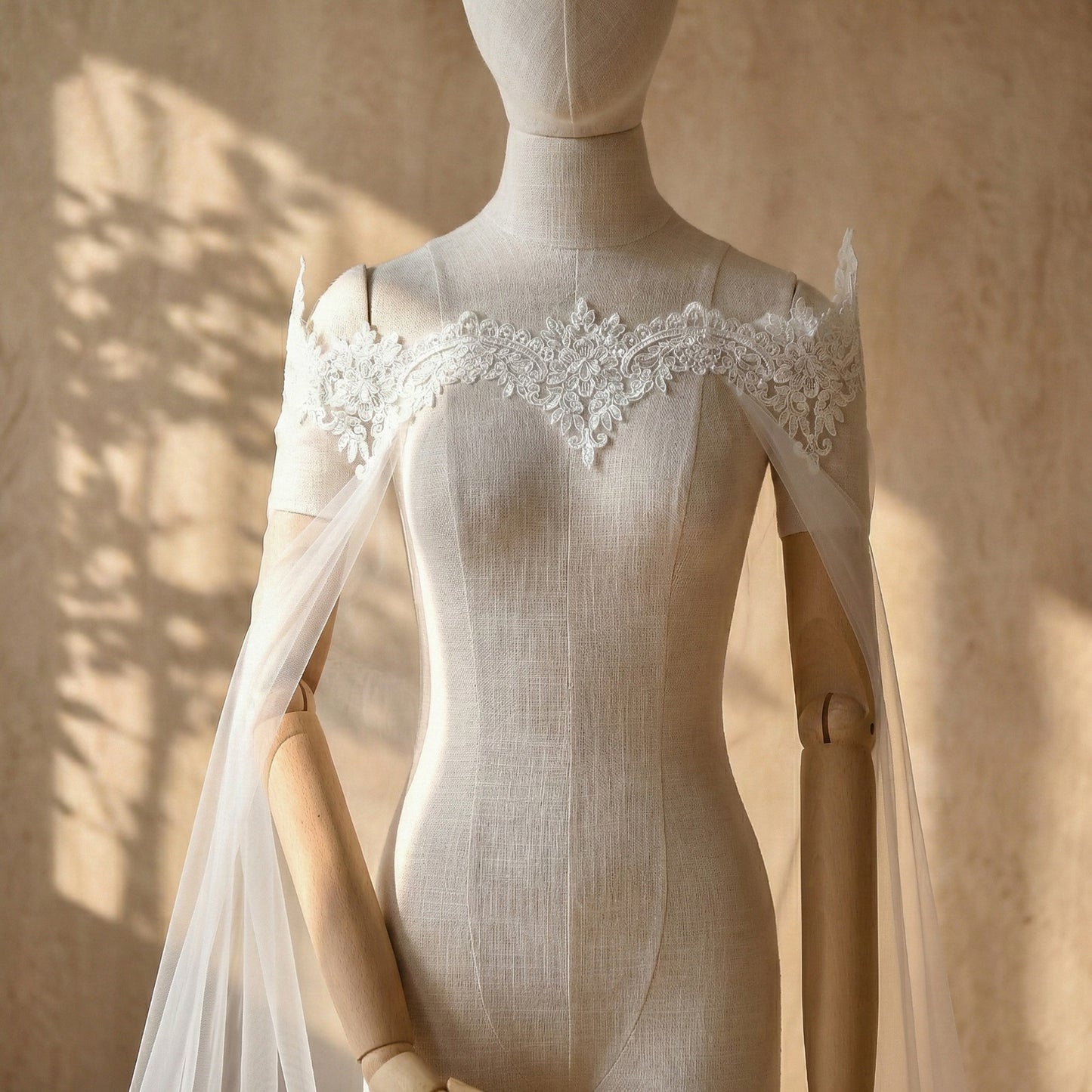 Off the Shoulder Lace Bridal Cape Veil - 300cm Cathedral Length Bardot Wedding Capelet Lightweight Illusion Mesh  LUNA-X225