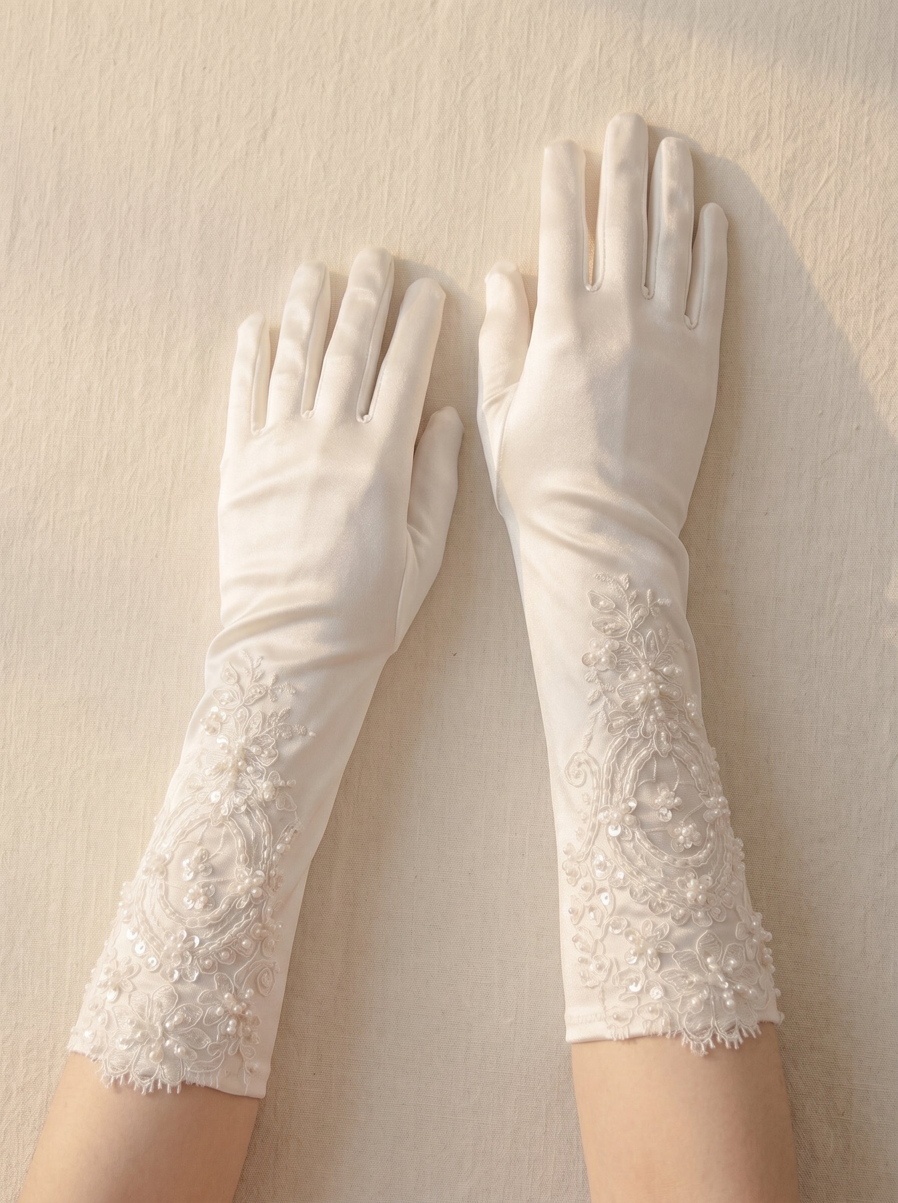 White Satin Bridal Gloves - 35cm Below Elbow Length Wedding Gloves with Hand-Beaded imitation pearls & Sequins - Vintage Regencycore Heavy Lace Prom Mittens LUNA-X308