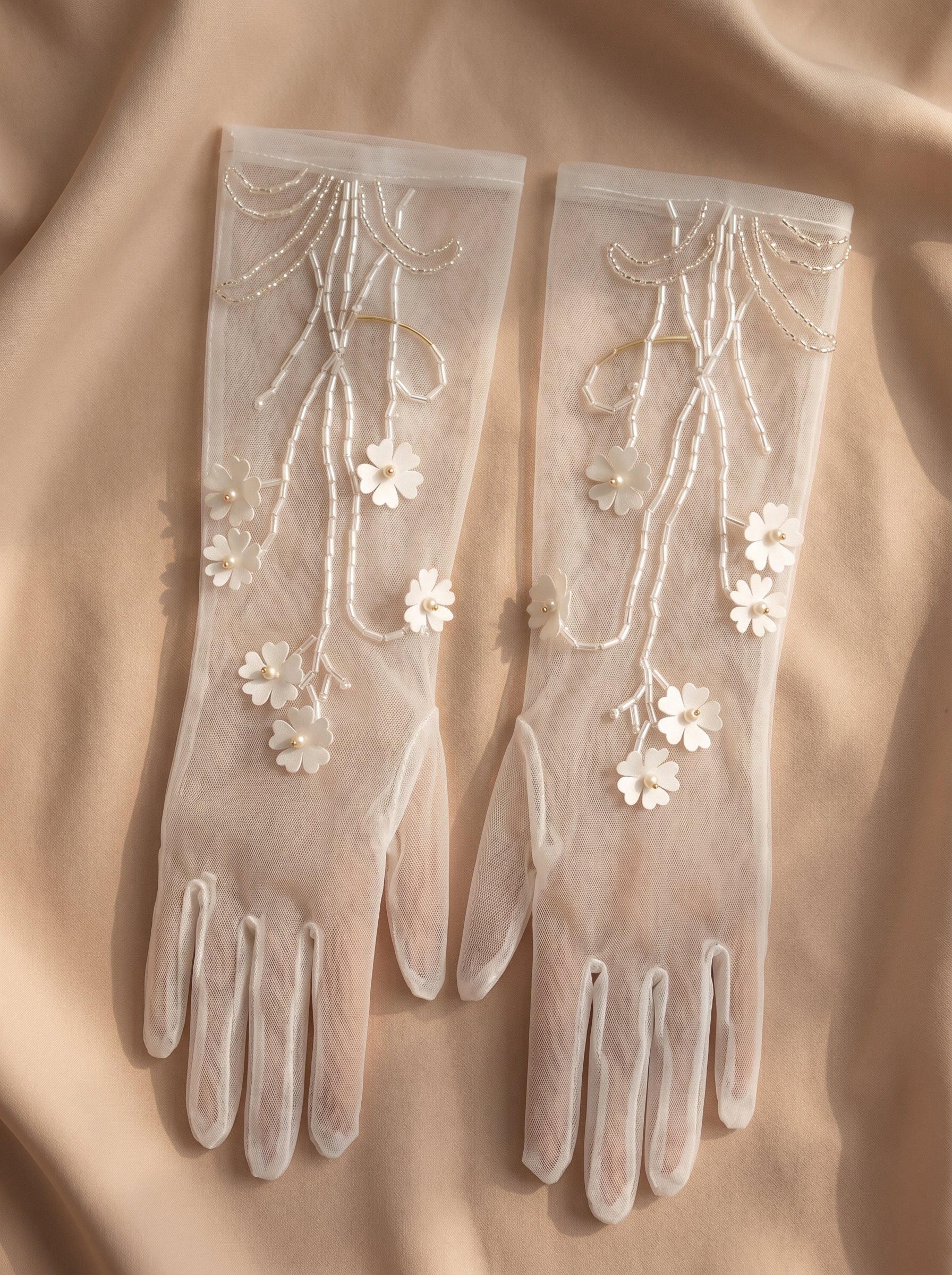 Ethereal Blossom Illusion Mesh Bridal Gloves - 35cm White 3D Floral Hand-Beaded Wedding Gloves - Vintage Cottagecore Sheer Prom Mittens LUNA-X316
