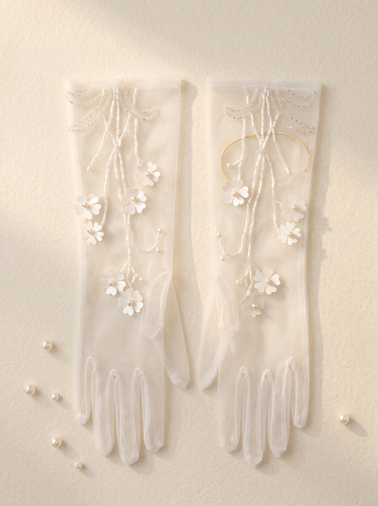 Ethereal Blossom Illusion Mesh Bridal Gloves - 35cm White 3D Floral Hand-Beaded Wedding Gloves - Vintage Cottagecore Sheer Prom Mittens LUNA-X316