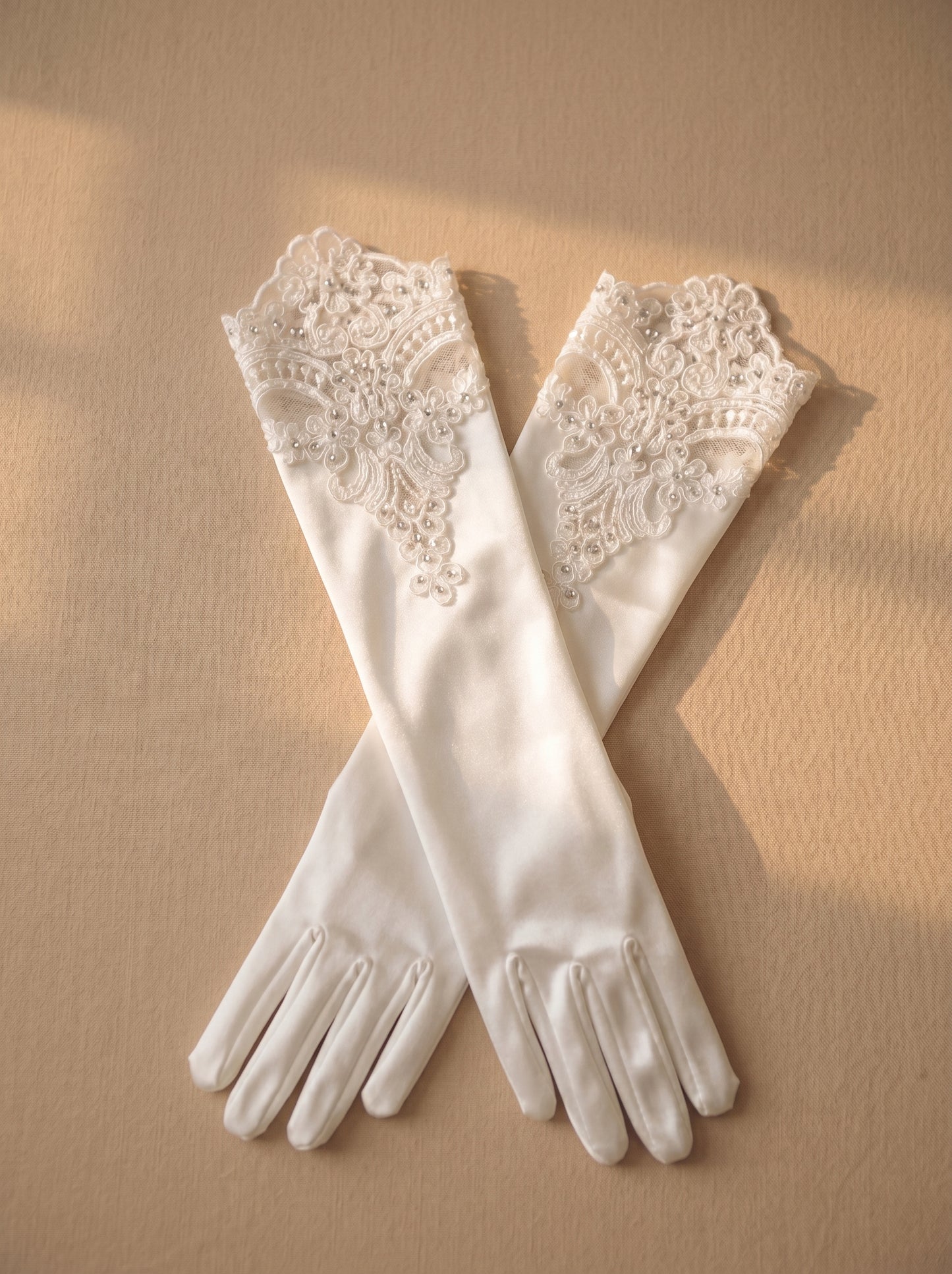 White Stretch Satin Bridal Gloves - 37cm Below Elbow Length Wedding Gloves with Cutout Guipure Lace - Heavy Hand-Beaded Shimmering Sequins Opera Mittens LUNA-X307