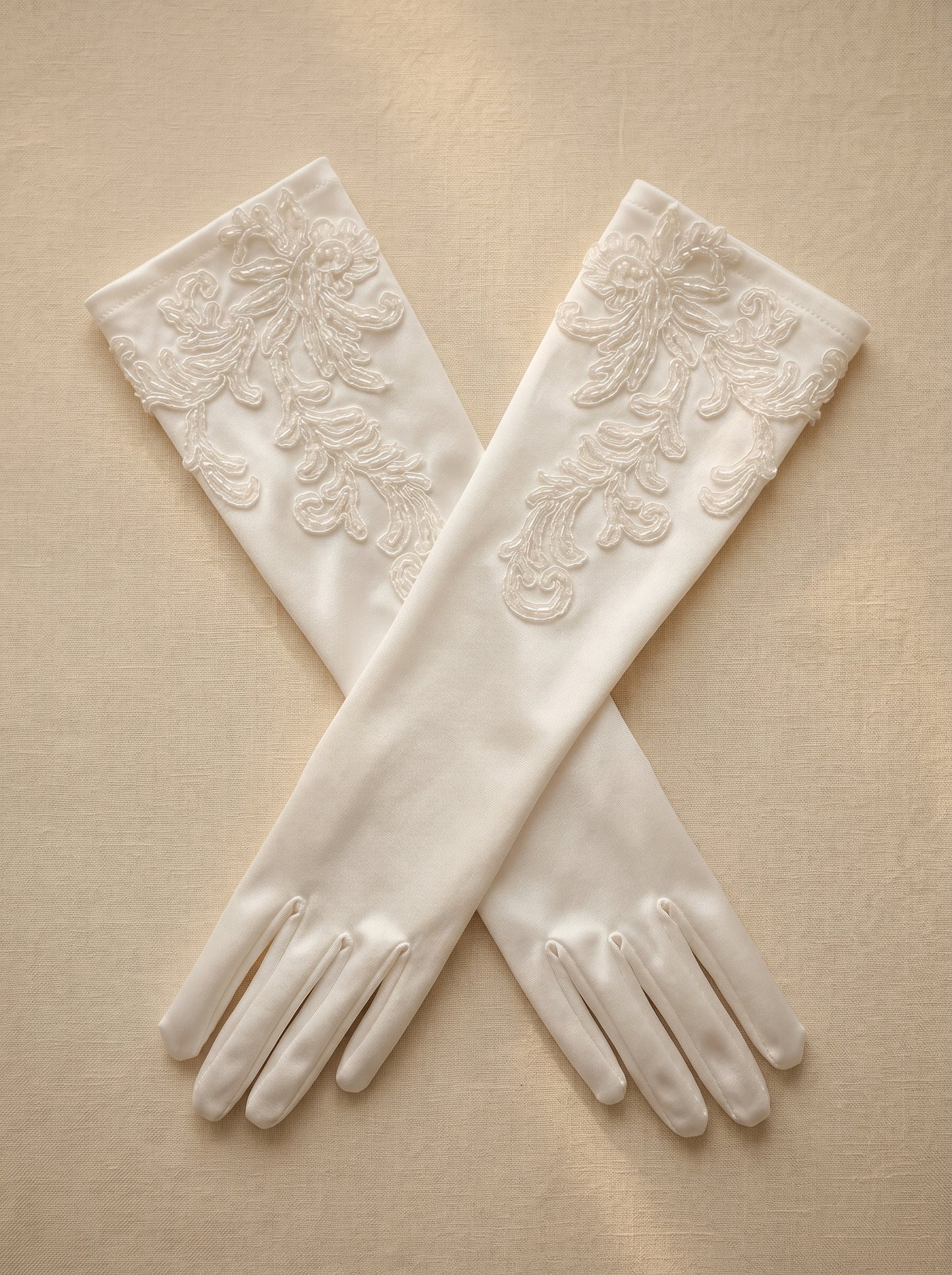 White Stretch Satin Bridal Gloves - 37cm Elbow Length Wedding Gloves with Hand-Beaded Lace Appliqué - Vintage Old Hollywood Classic Prom Mittens LUNA-X311
