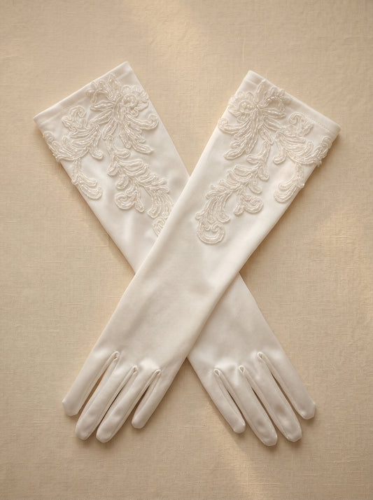 White Stretch Satin Bridal Gloves - 37cm Elbow Length Wedding Gloves with Hand-Beaded Lace Applique - Vintage Old Hollywood Classic Prom Mittens LUNA-X311