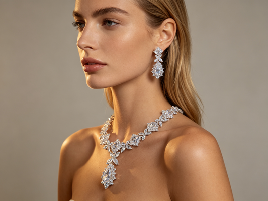 "Hollywood Heritage" Vintage Pear-Cut Crystal Wedding Jewelry Set, Radiant Cluster Leaf Choker & Luxury Tear-Drop Evening Earrings Duo LUNA-X161