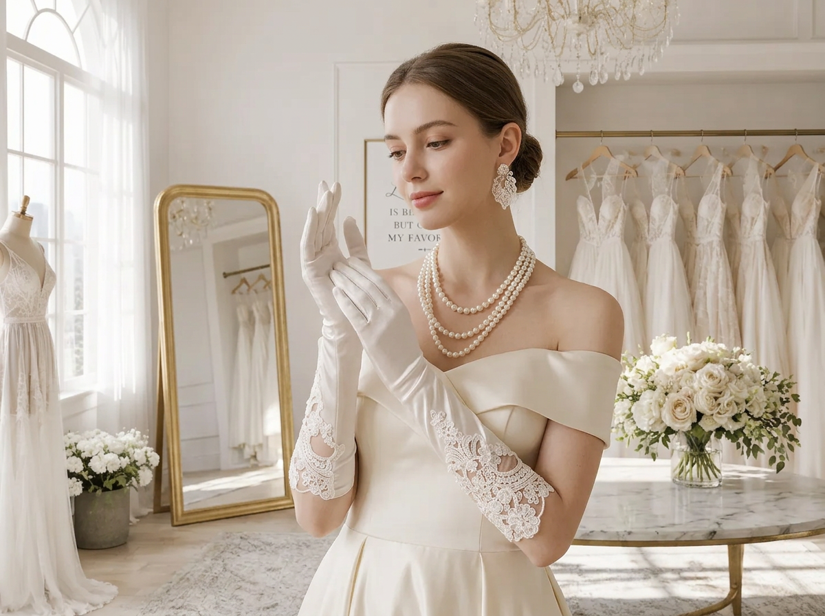 Ivory Satin Long Bridal Gloves with French Embroidery for Wedding LUNA-X185