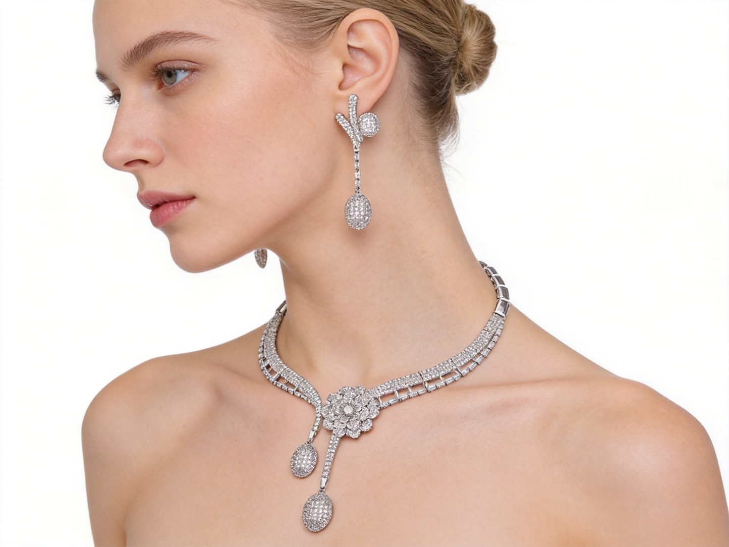 Luxury Micro-Pave CZ Camellia Bridal Jewelry Set, 18K White Gold Plated Geometric Flower Necklace & 6.5cm Dangle Earrings with Silver Posts  LUNA-X170