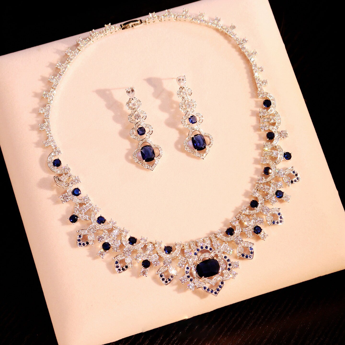 Vintage Baroque Sapphire Blue Wedding Jewelry Set, Radiant CZ Cluster Necklace & Dangle Stud Earrings Gift Set for Bride & Gala  LUNA-X174
