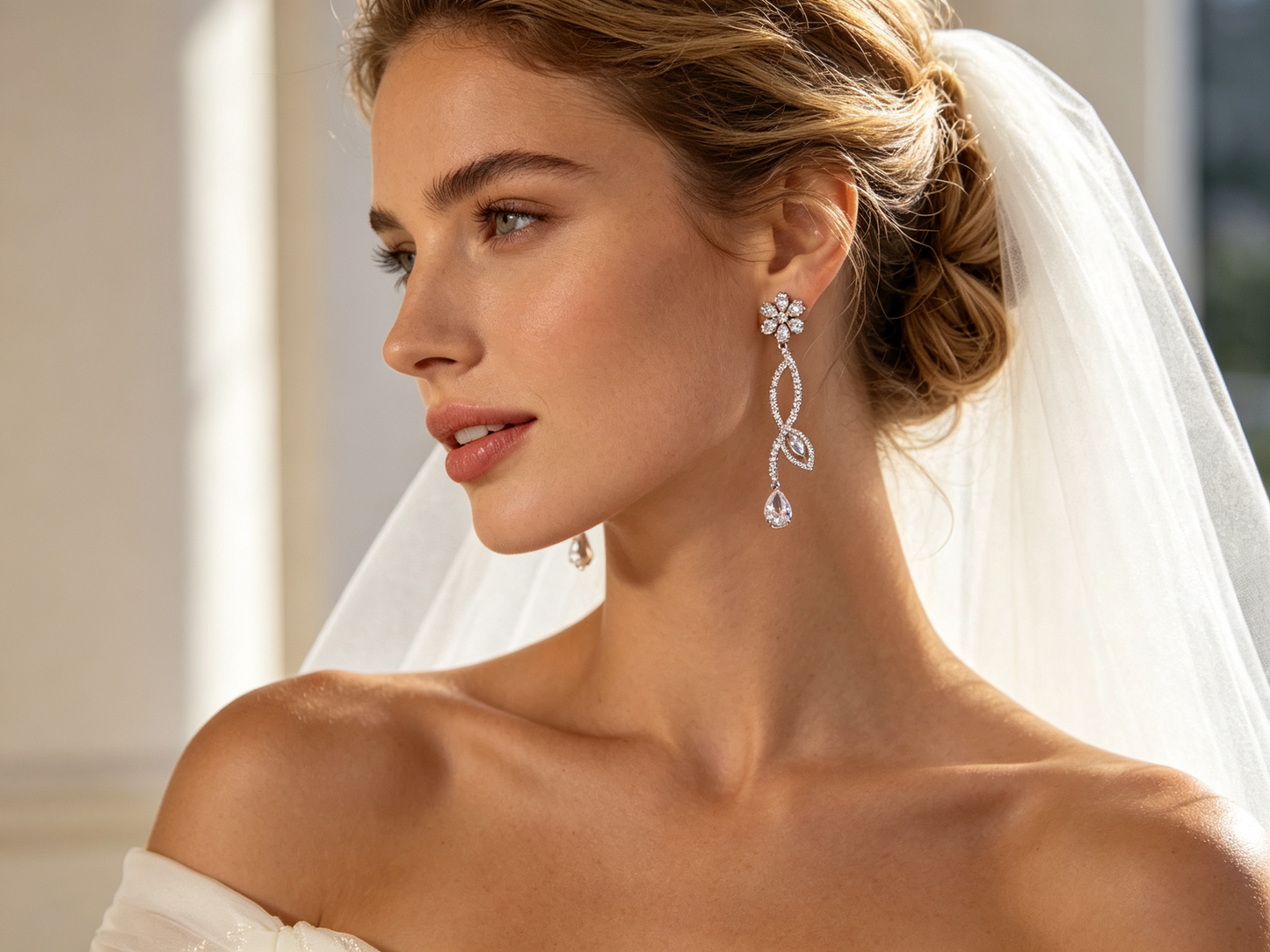 Luxury Marquise Zircon Ice Cascade Bridal Jewelry Set, Platinum Plated Radiant Leaf Tennis Necklace & 5.2cm Dramatic Dangle Earrings Set for Wedding, Prom & Gala LUNA-X156