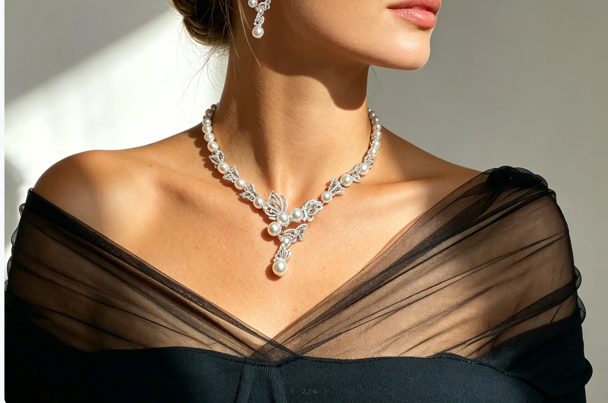 Luxury Butterfly Pearl Bridal Jewelry Set - Elegant Hollow Crystal Marquise Choker Necklace and Drop Earrings - Romantic Wedding Gala Banquet Pearls Two-Piece Set  LUNA-X133