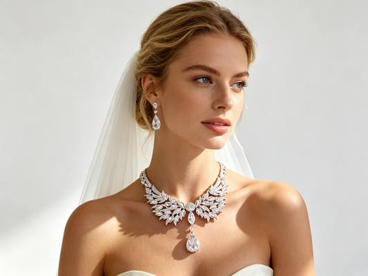 Luxury Angel Wing Zircon Necklace & Earring Set - Eco-Friendly Copper Thick White K Gold Plated Bridal Evening Jewelry LUNA-X146