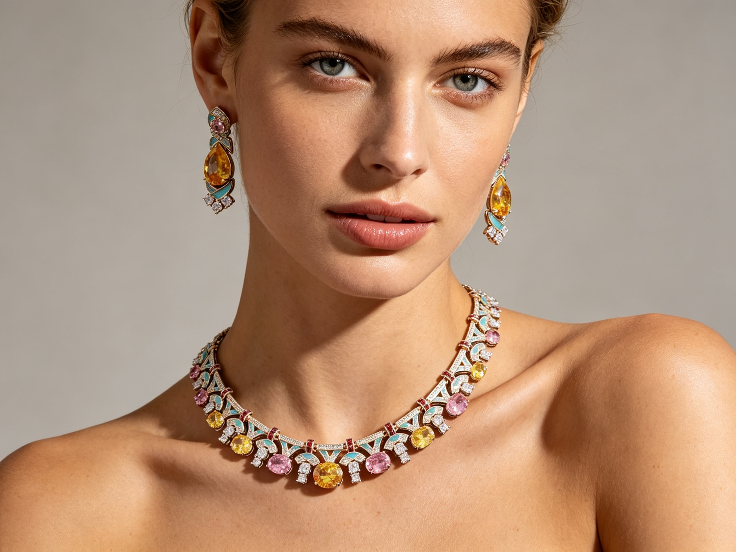 "Palace Garden Palette" Vintage Geometric Jewelry Set, Radiant Pastel Ombre Gemstone Cascade Fringe Necklace & Royal Drop Earrings Duo LUNA-X164