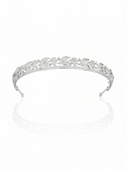 Luxury Cubic Zirconia Laurel Leaf Bridal Tiara - Elegant White Gold Plated Wedding Headband - Premium CZ Crystal Marquee Hair Band for Brides  LUNA-X111