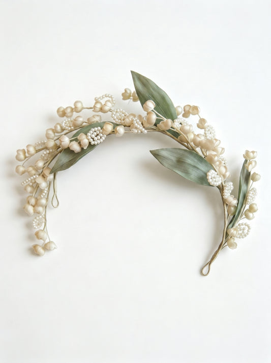Vintage Lily of the Valley Bridal Headpiece Romantic Pearl and Silk Leaf Wedding Hair Vine Handmade Fairy Floral Tiara  LUNA-X109