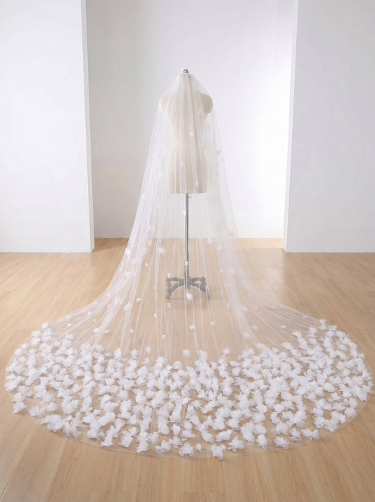 Grand Cathedral Wedding Veil - 138" Extra Long & Wide Tulle with Majestic Royal Lace Appliqués and Secure Metal Comb  LUNA-X03