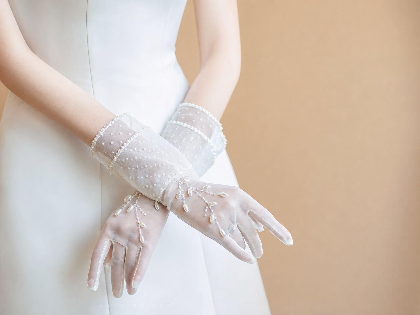 Vintage French Polka Dot Mesh Bridal Gloves, Short Tulle Wedding Gloves with Pearl Vine Embroidery and Double Ruffle Cuffs (35cm) LUNA-X182