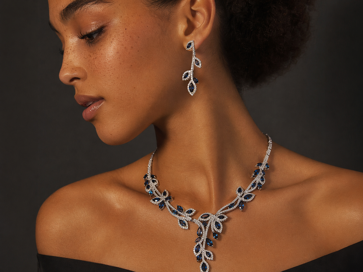 Botanical Vine Bridal Jewelry Set, Luxury Marquise CZ Leaf Necklace & 4.2cm Dangle Earrings Set for Wedding, Royal Blue & Emerald Green  LUNA-X173
