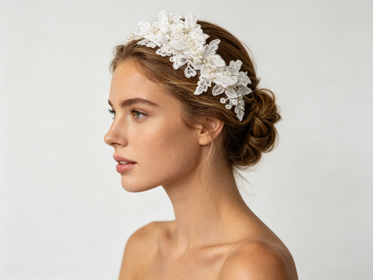 Vintage French Lace Bridal Tiara Headband - Romantic Embroidered Floral Wedding Hair Vine - Handmade Pearl Bridal Crown Accessory for Modern Brides LUNA-X112