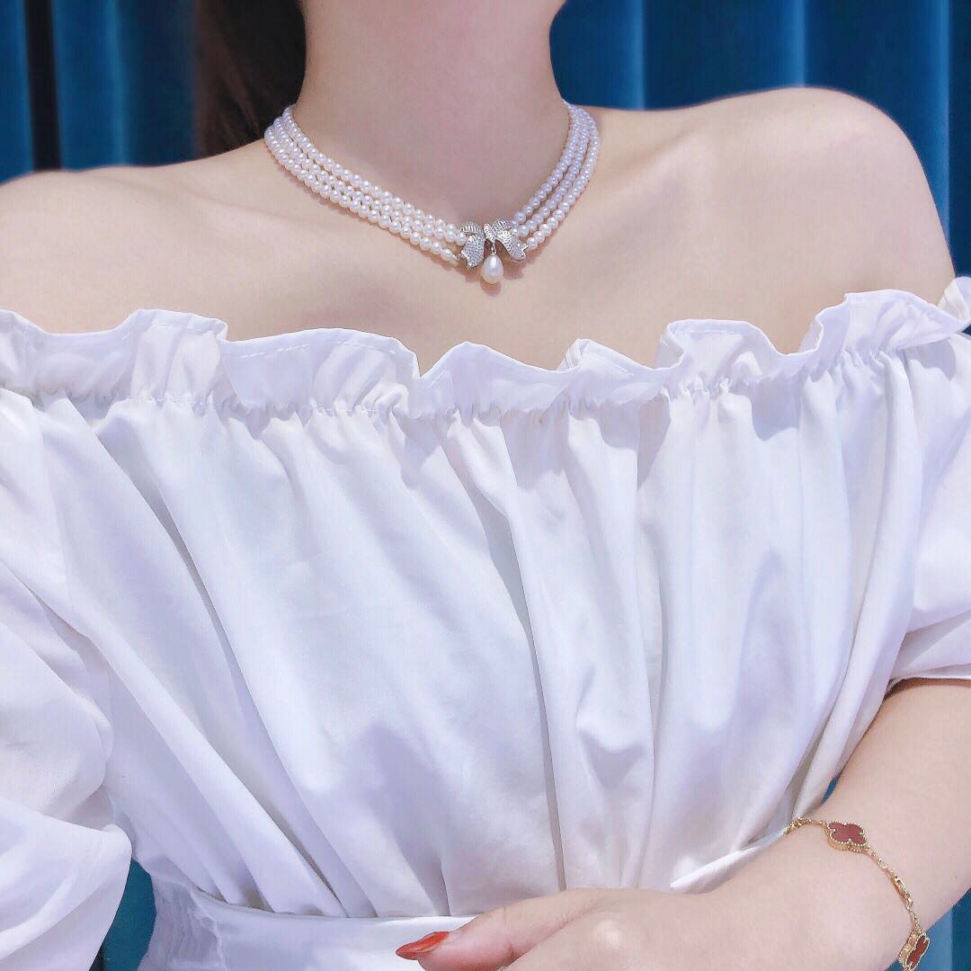 Triple-Strand Pearl & Zircon Bow Necklace – Vintage Elegance for Bridal & Evening Wear  LUNA-X136