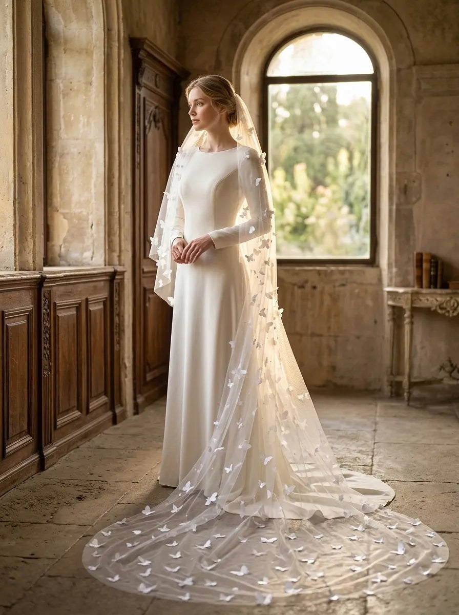 Side profile of bride in long sleeve dress wearing cascading 300cm 3D butterfly and pearl veil