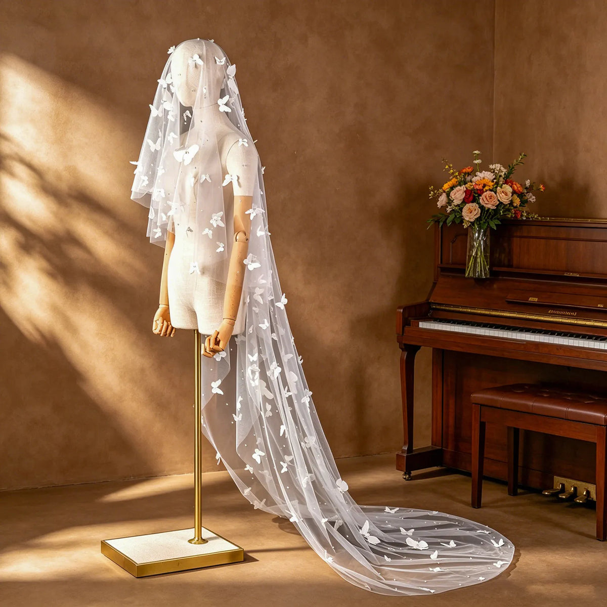 Full length side view of 300cm cathedral veil displaying cascading 3D butterflies and elegant long train