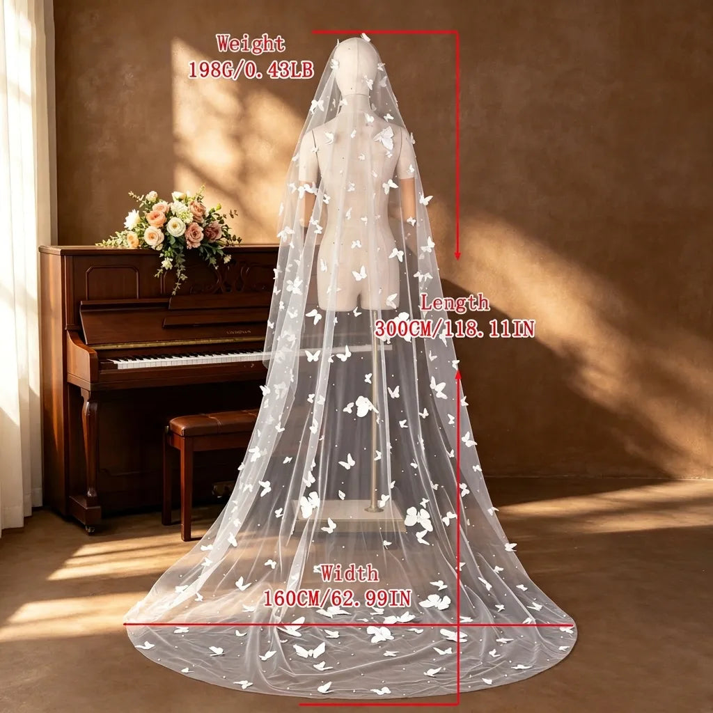 Size chart for LUNA-X465 veil showing length 300cm (118.11in), width 160cm (62.99in), weight 198g