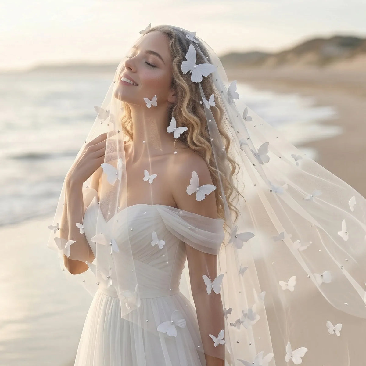 Close-up portrait of bride on beach with 3D butterflies and scattered pearls glowing in golden hour sun