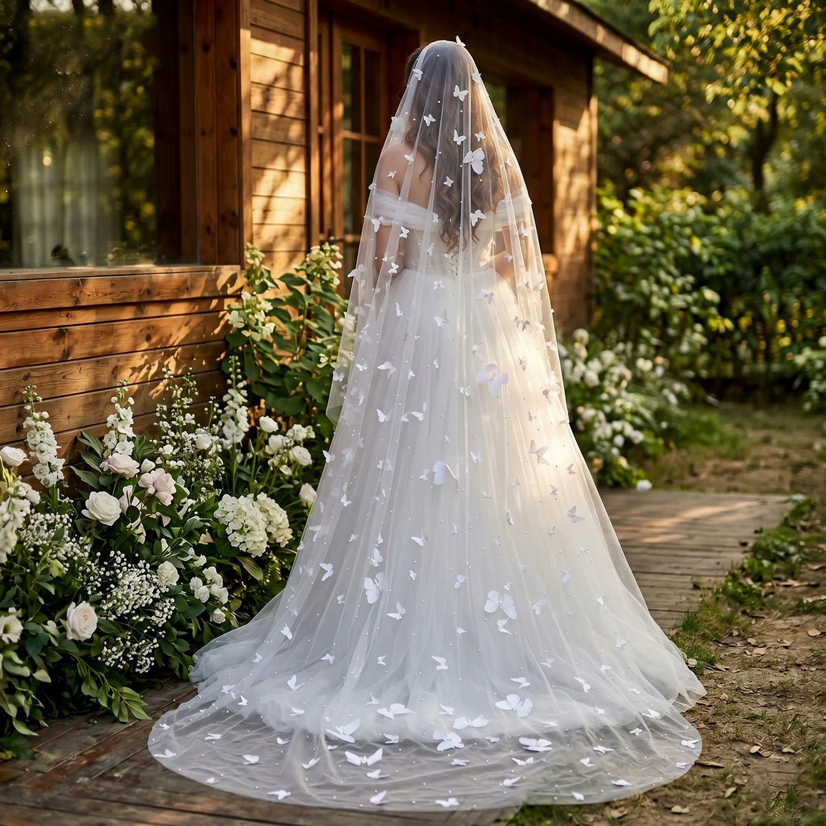 Rear view of bride in garden showing dramatic 300cm train adorned with 3D butterflies and pearls