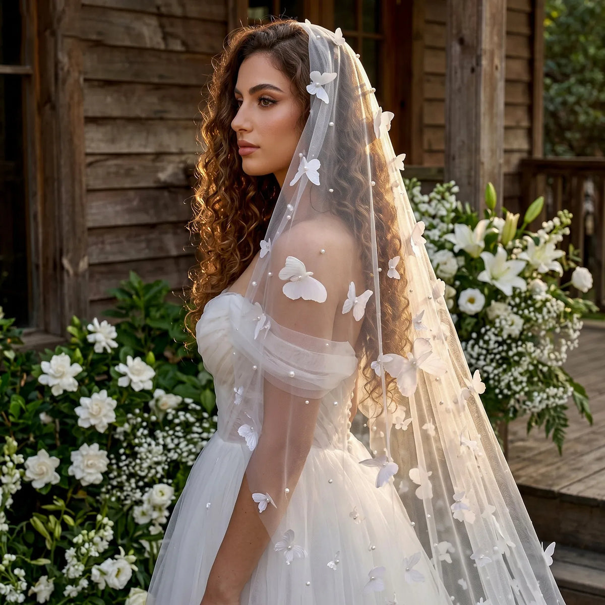Side profile bridal portrait with curly hair wearing 3D butterfly veil illuminated by warm sunset light