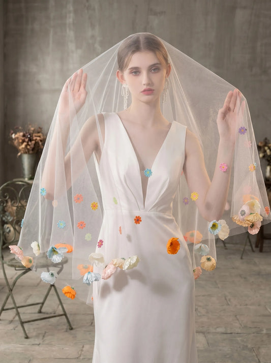 3d wildflower wedding veil with colorful floral details
