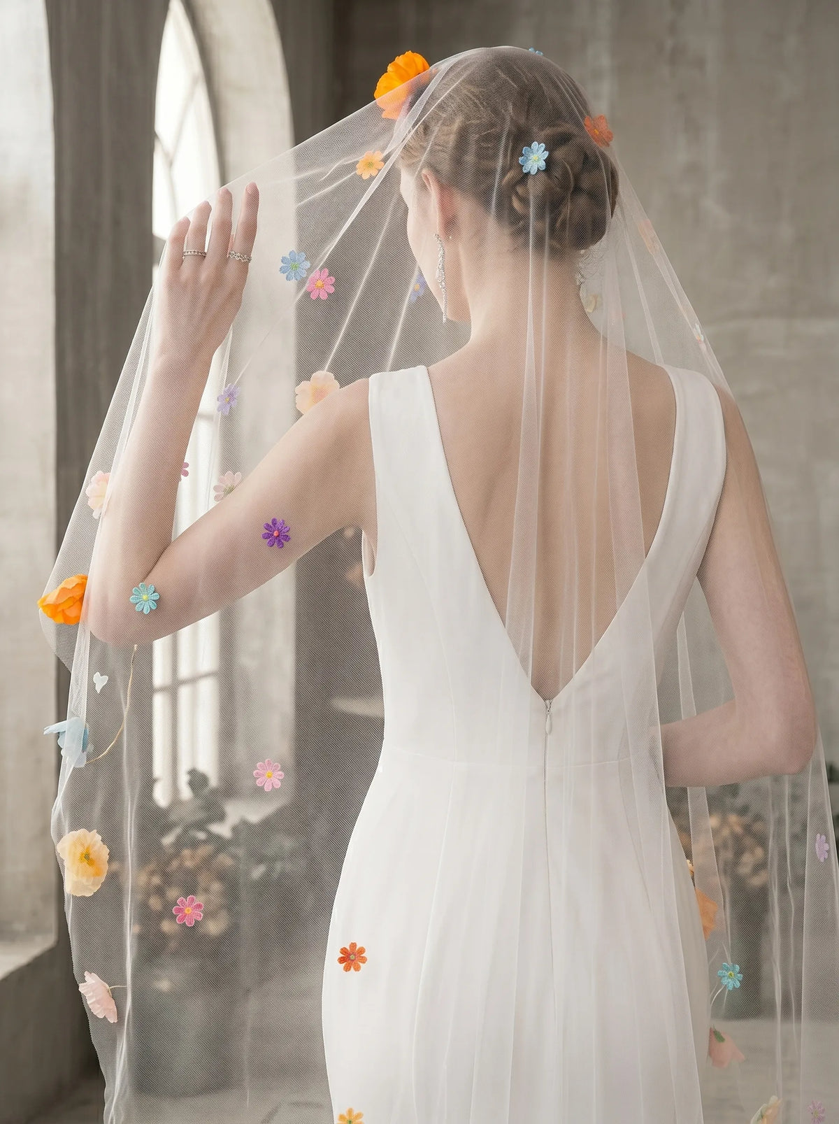 Colorful 3D floral appliqué short bridal veil with soft tulle, handmade whimsical wedding veil accessory for brides