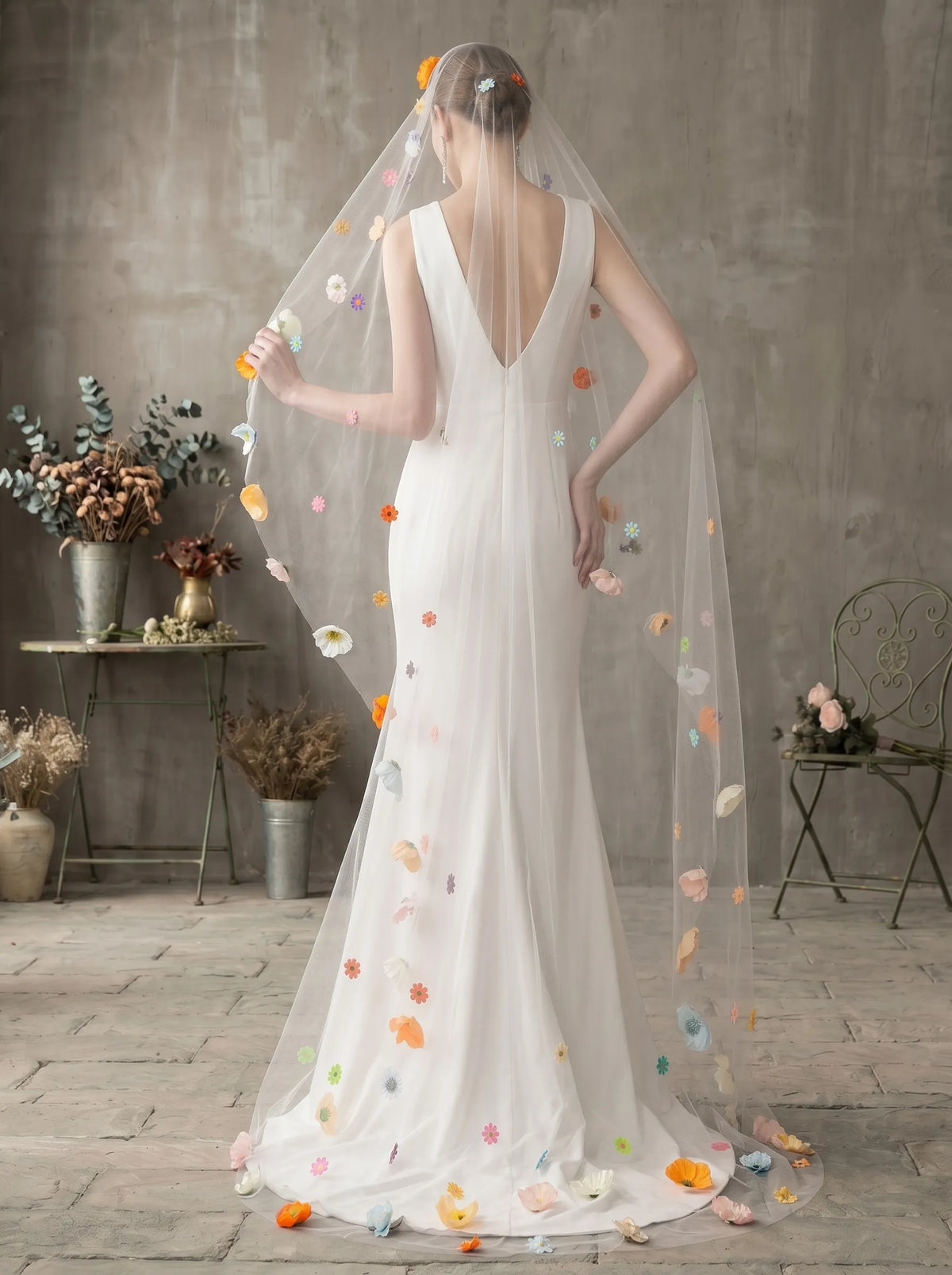 Colorful 3D floral appliqué short bridal veil with soft tulle, handmade whimsical wedding veil accessory for brides