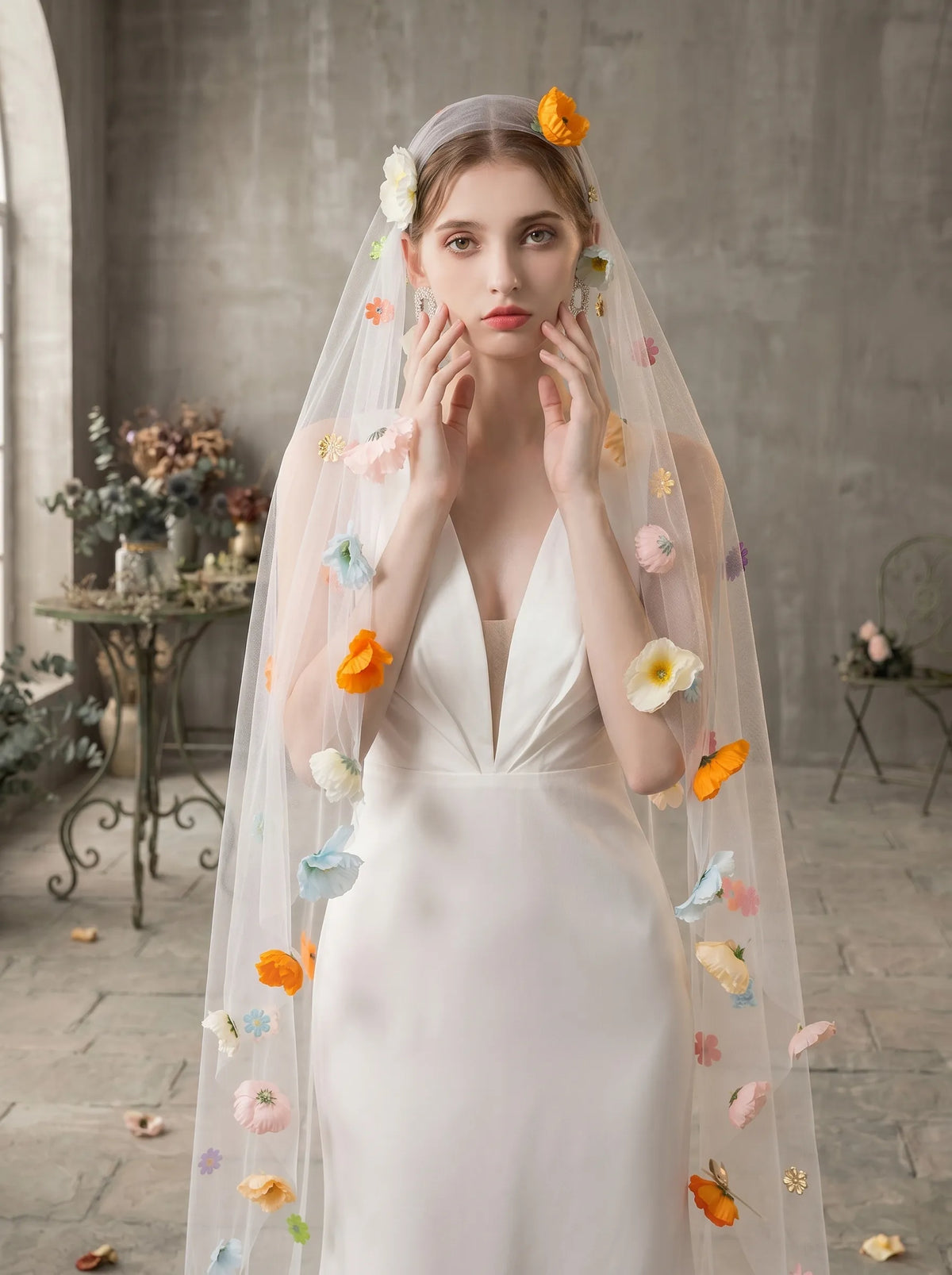 Colorful 3D floral appliqué short bridal veil with soft tulle, handmade whimsical wedding veil accessory for brides