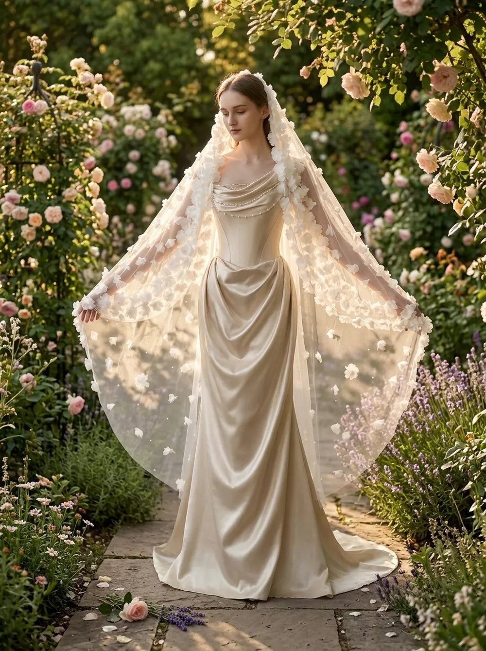 Front view of black mannequin displaying 150cm single layer bridal veil with 3D white fabric flowers framing the face